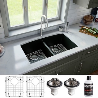 Karran Undermount Quartz 32 in. 50/50 Double Bowl Kitchen Sink Kit