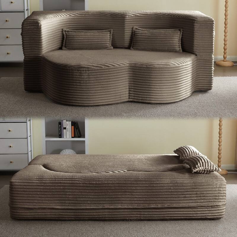 Modern 78" Full Size Convertible Corduroy Foam-Filled Sleeper Sofa,Modern Floor Sofa with 2 Pillows