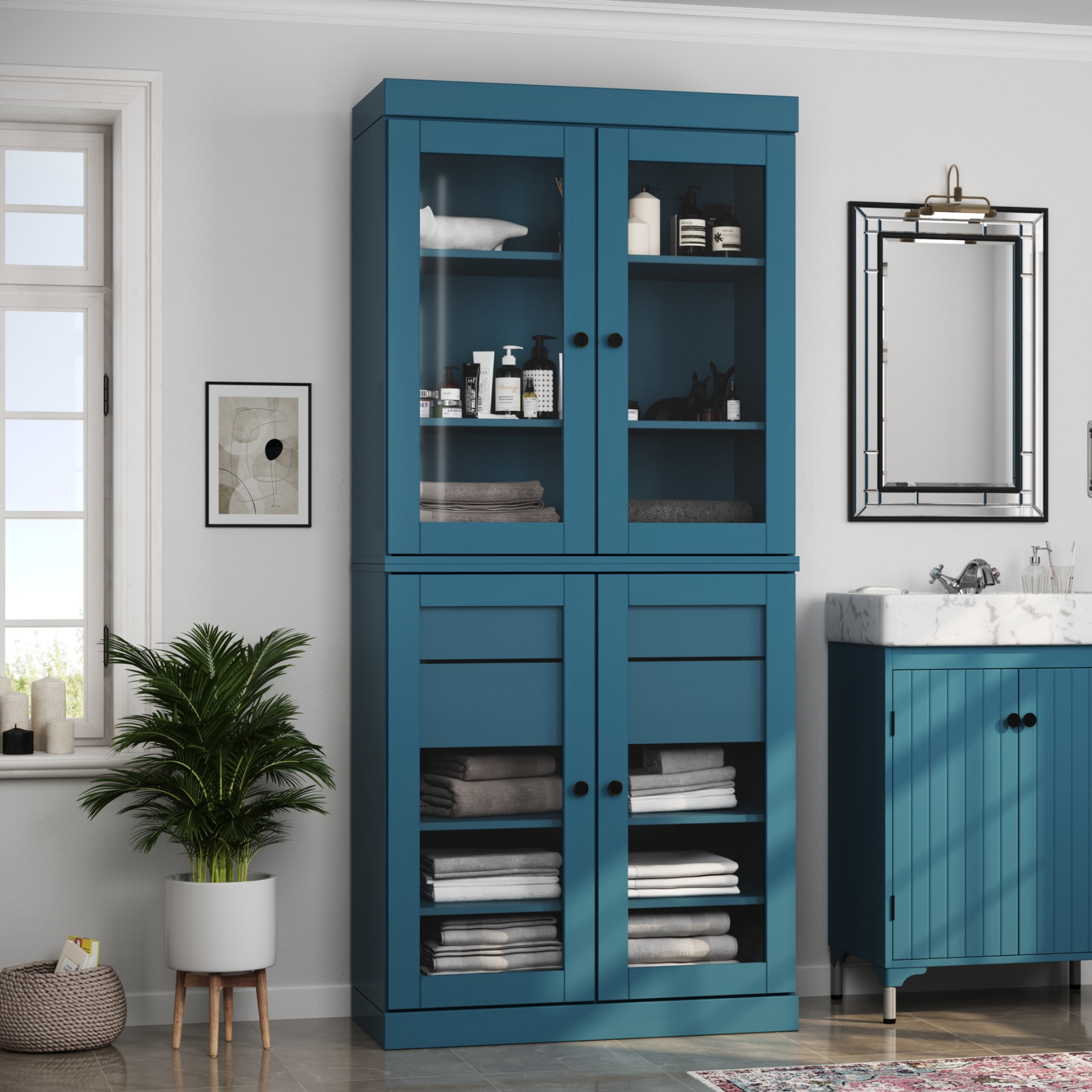 Palace Imports 100% Solid Wood Bathroom Storage Cabinet, Clear Glass Doors, 2 Drawers, Adjustable Shelves, 32" Wide, 71.5" Tall