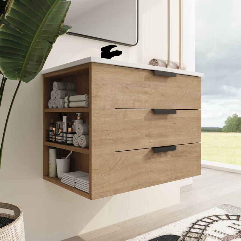Malwee 30" Floating Bathroom Vanity, Wall Mounted Bathroom Vanity with Resin Sink,Soft Close Drawers and Side Adjustable Shelves