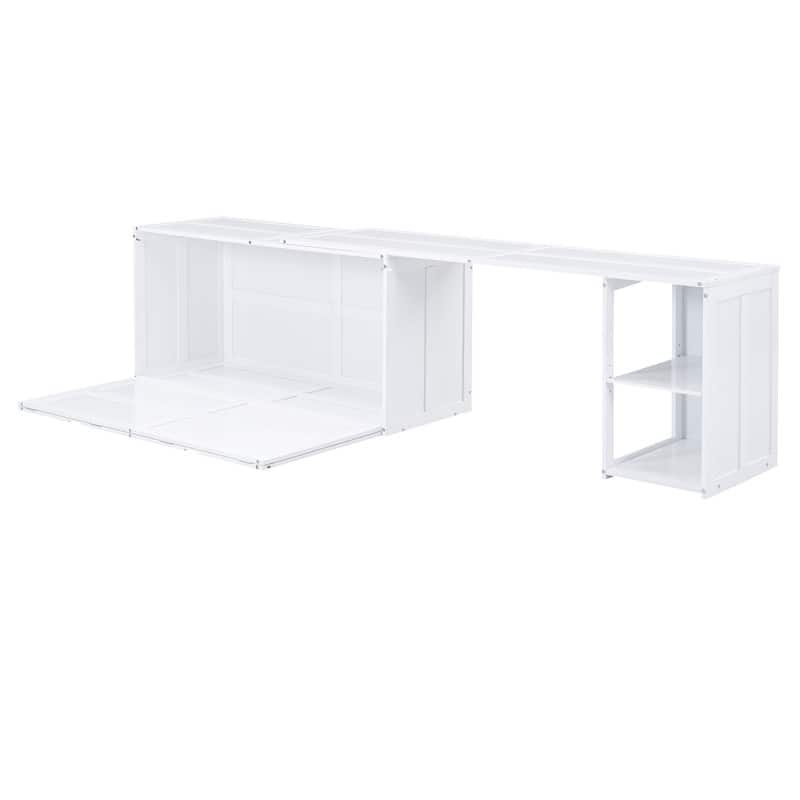 Queen Size Mobile Murphy Cube Cabinet Bed with Rotable Desk, Solid Wood Murphy Bed Chest Platform Murphy Bed for Guest Room