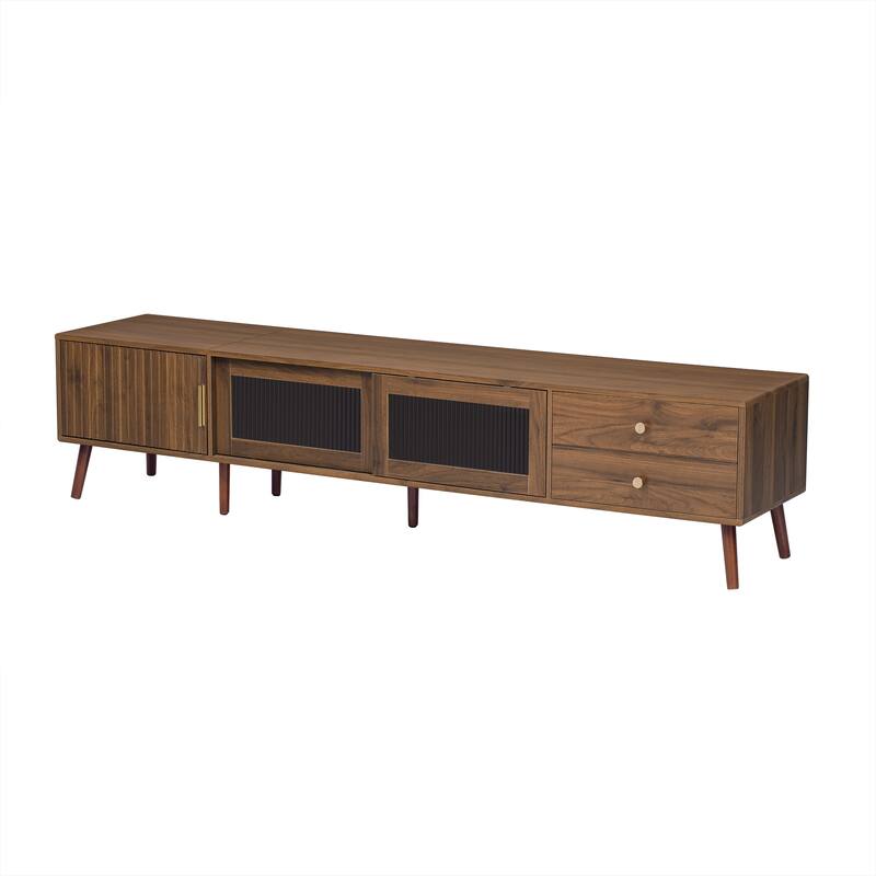 76" Minimal Glass-Doors TV Stand up to 85 Inches,Wood-Grain Entertainment Center with Storage Cabinets,TV Media Console Table