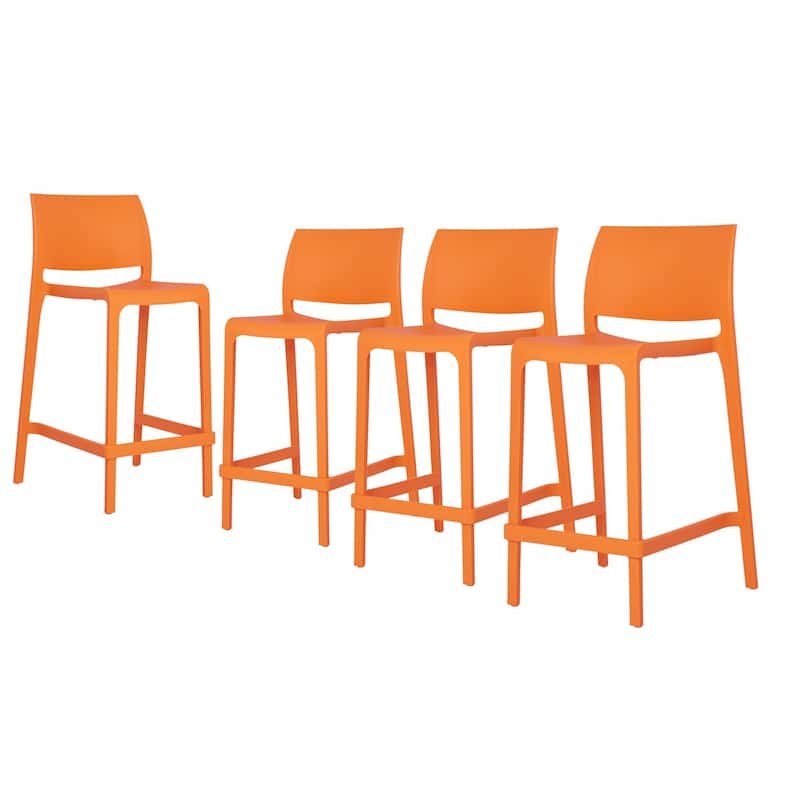 HomeRoots Set of Four 26" Orange Heavy Duty Plastic Low Back Outdoor Counter Height Bar Chairs