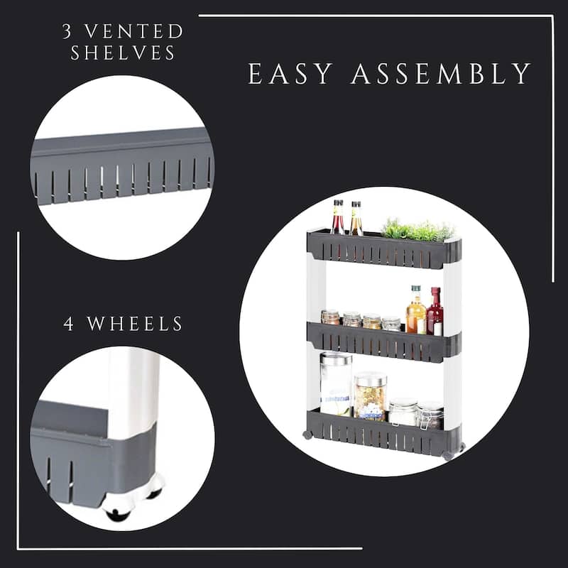 Multi-Purpose Slim Rolling Cart - 3-Tier Utility Organizer - 28.5" H x 21.5" L x 5.1"W