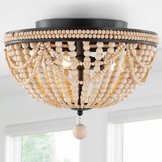 Elroy Wood Bead 15.25" 3-Light Bohemian Farmhouse Iron LED Semi Flush Mount, Oil Rubbed Bronze/Light Taupe by JONATHAN Y