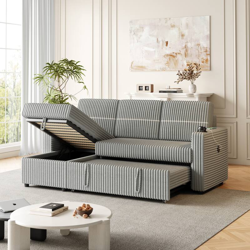 3-Seater Sleeper Sofa Bed with Corduroy Fabric, Storage Chaise, USB Charger, and Cup Holders