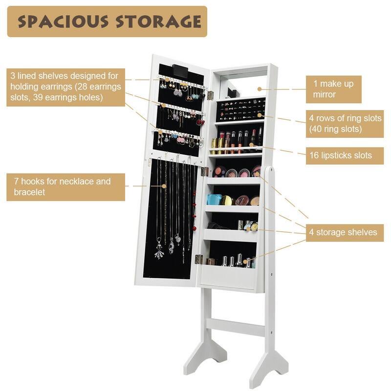 LED-Lighted Standing Jewelry Armoire Storage Cabinet with Full Length Mirror - 14" x 12.5" x 57" (L x W x H)