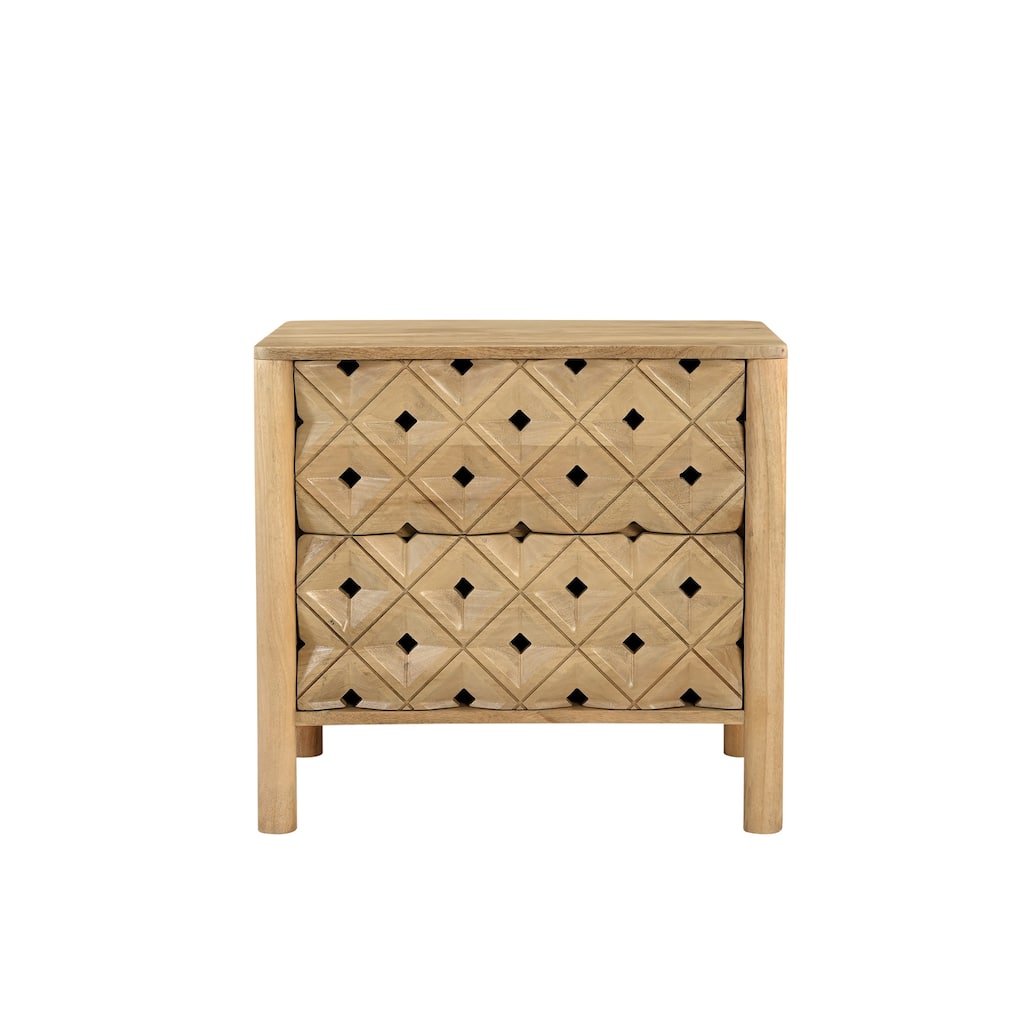NADAAL STUDIOS Talric Nightstand, Geometric Carved Mango Wood, 2-Drawer, Push-to-Open, Natural Finish