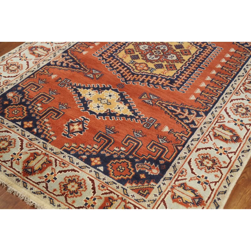 Orange Geometric Viss Indian Area Rug Handmade Wool Carpet - 5'2" x 8'0"