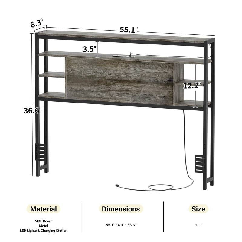 Headboards with Storage Shelves, Head Board with Power Outlet and LED Light for Bed Frame