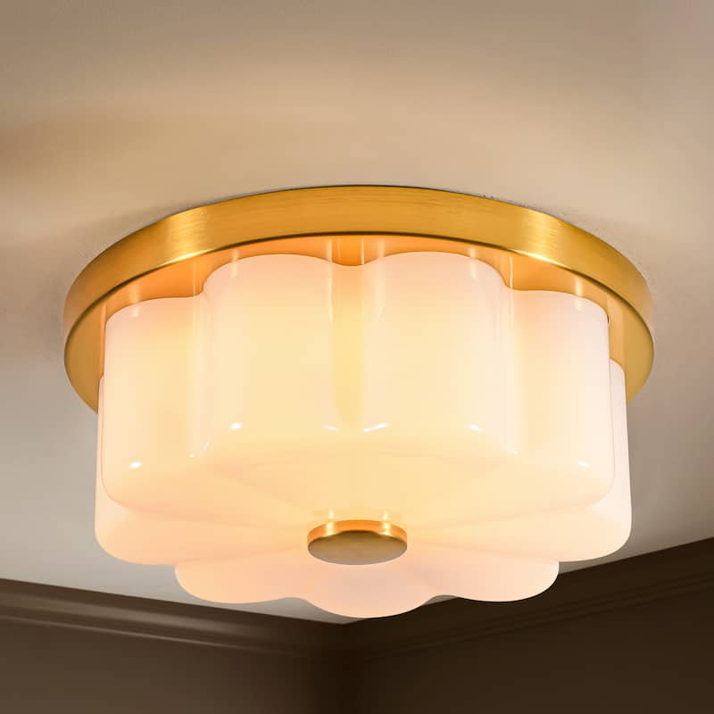 1-Light Brushed Gold Trim Flower-Shaped Frosted Glass LED Flush Mount with 5-Step Dimming for Bedroom & Hallway