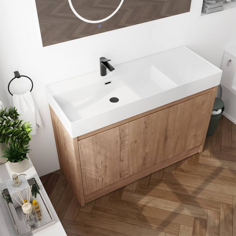 Beingnext 24"/30"/48"/60" Bathroom Vanity with Sink, Freestanding Bathroom Vanity with Soft Close Door and Shelf - 47.2''W x 18.1''D x 35''H - Imitative Oak-Left Basin