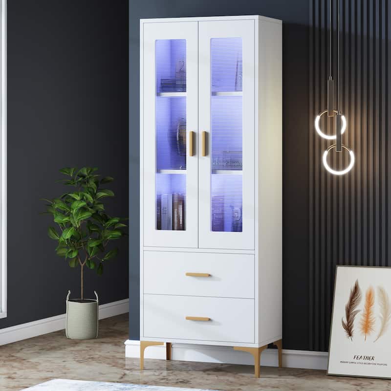 Tall Bookcase Bookshelf Storage Cabinet With Doors and LED Light