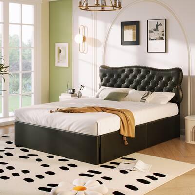Queen Size Bed Frame with 4 Storage Drawers,Leather Upholstered Platform Heavy Duty Bed,Wood Slat Support