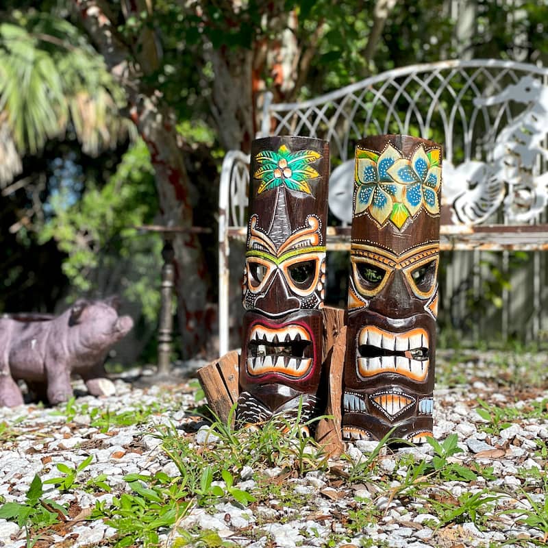 Carved Wood 20 Inch Tiki Wall Masks Palm/ Plumeria Flower (Set Of 2)