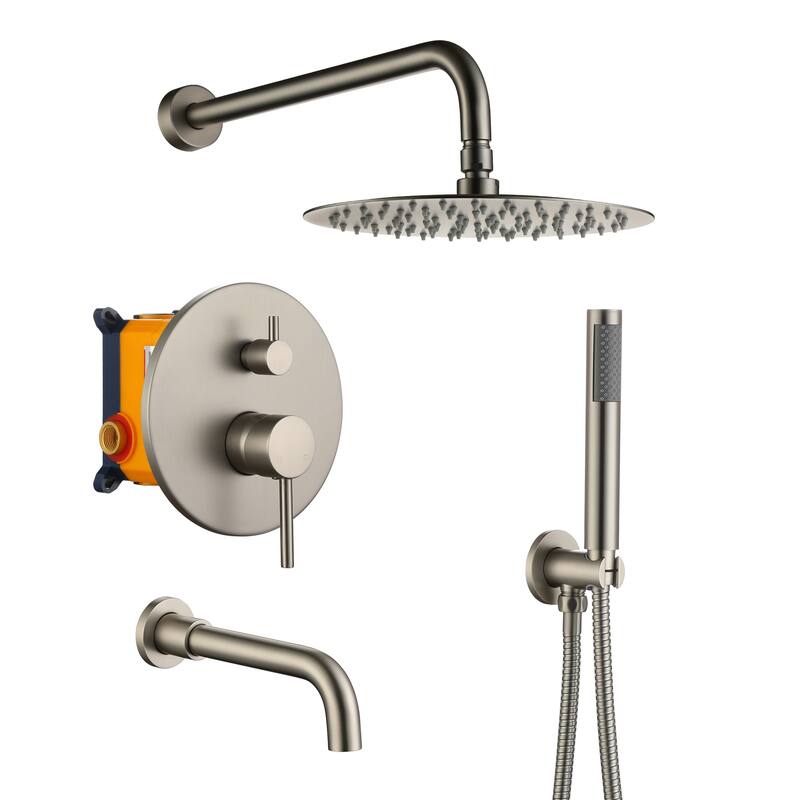 10-Inch Wall Mount Round Shower Set - Brush Nickel - with Simple Tub Spout