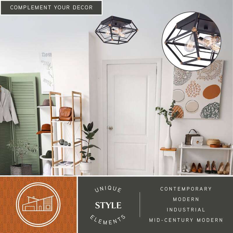 Bartlett 18-in W Bronze Industrial Cage Flush Mount Ceiling Light Fixture - 18-in. W x 8.75-in. H x 18-in. D