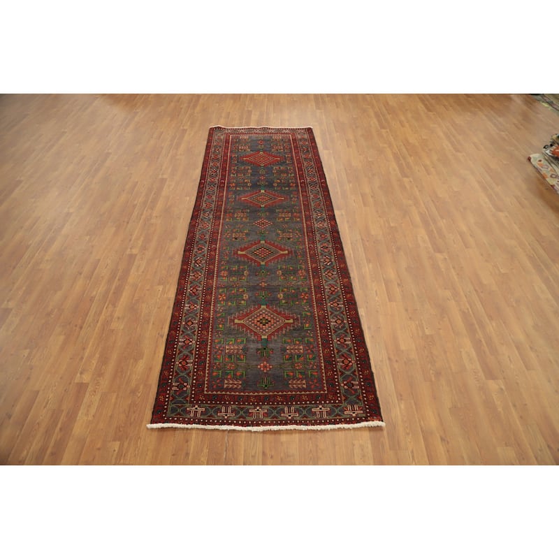 Hand Knotted Oriental 100% Wool Carpet Traditional Geometric Navy Blue & Blues Heriz Runner Rug - 10' 6'' X 3' 8''