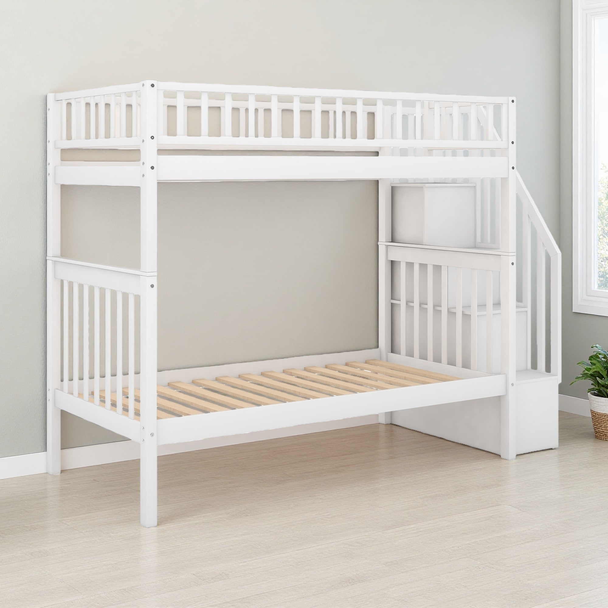 Twin Over Twin Wood Bunk Bed with Trundle and 4 Storage Shelves