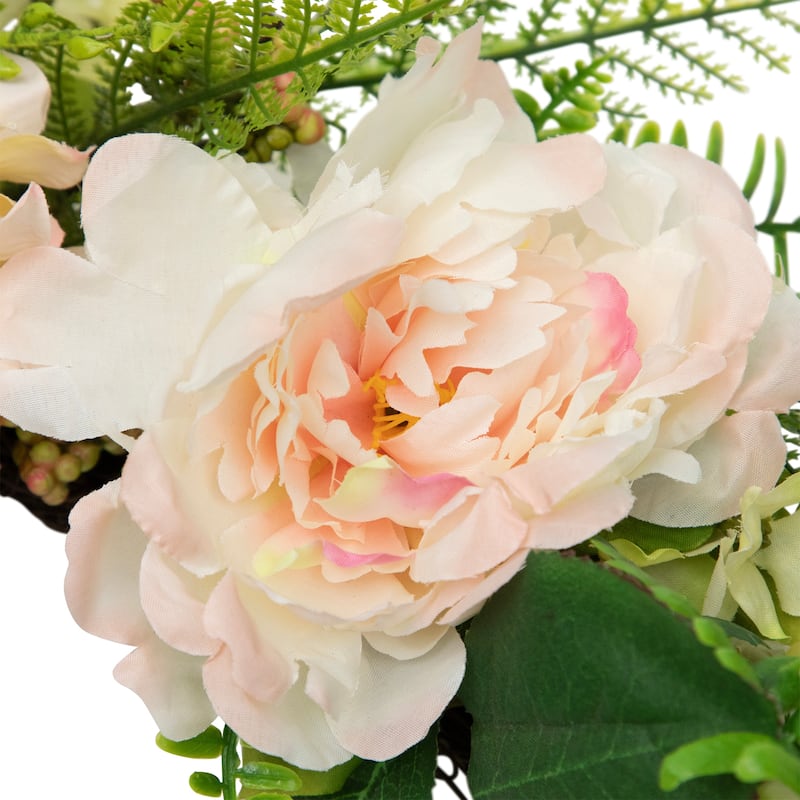 Rose and Peony Fern Artificial Floral Spring Wreath, Pink - 24-Inch