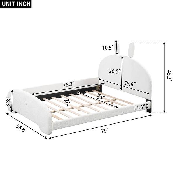 Full Upholstered Platform Bed with Cartoon Ears Headboard - Adorable, Low-Profile Silhouette