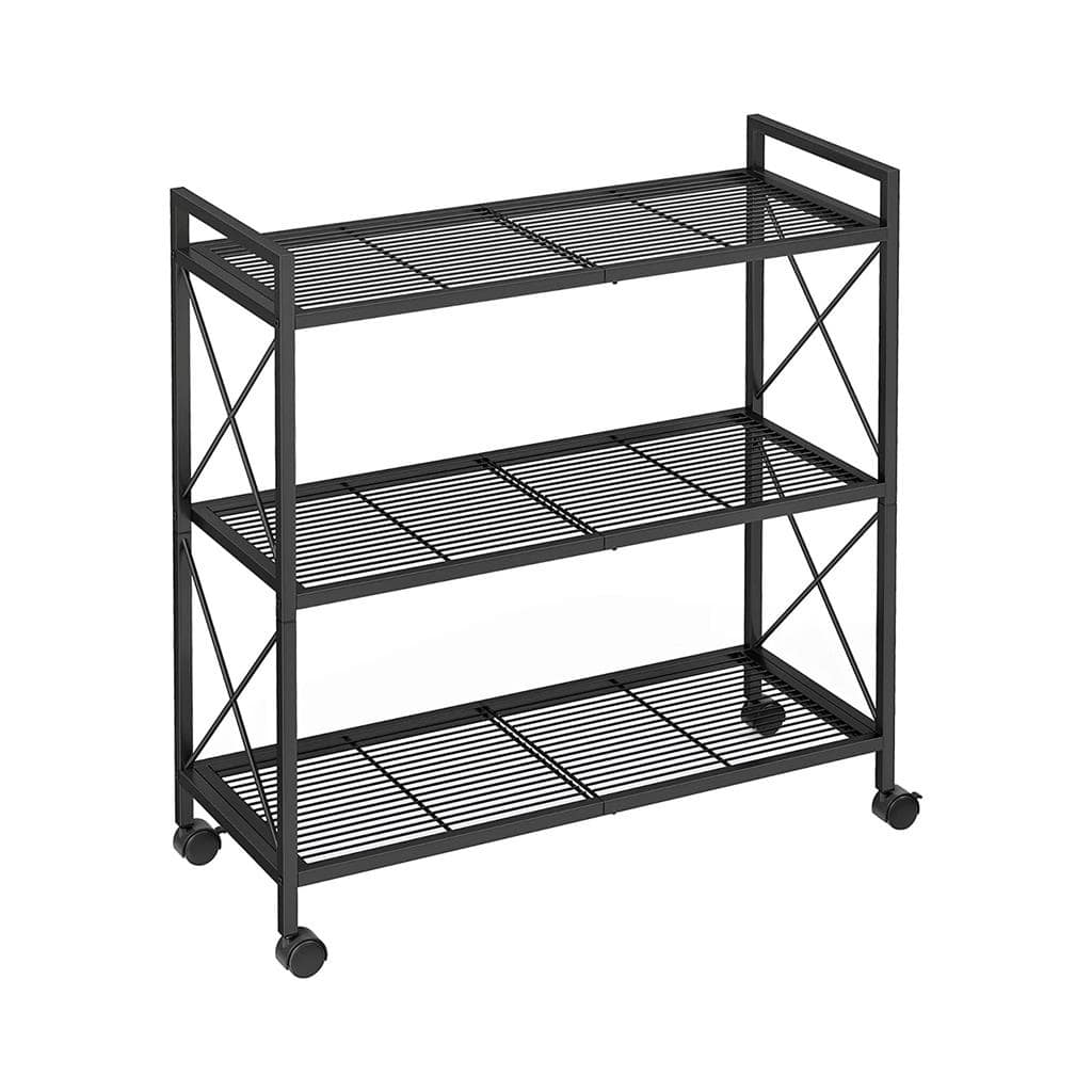 Heavy Duty 3-Tier Metal Storage Rack with Mesh Shelves and Wheels for Kitchen or Entryway