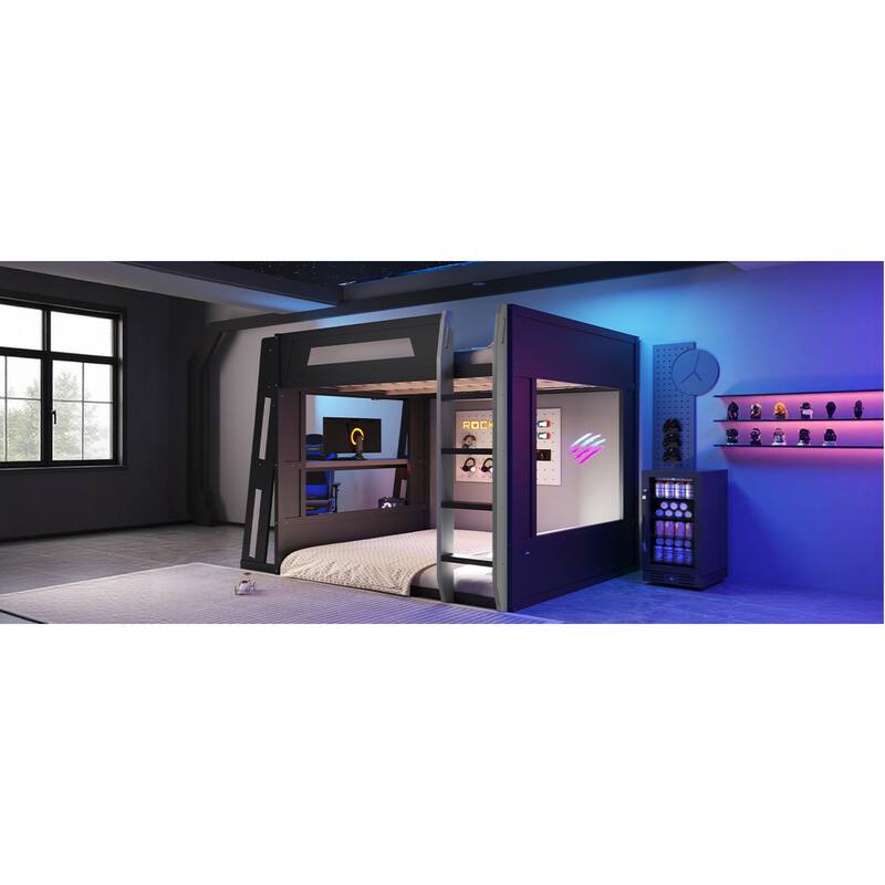 Roomfitters Queen Over Queen Gaming Bunk Bed with Desk, Storage Shelves and LED