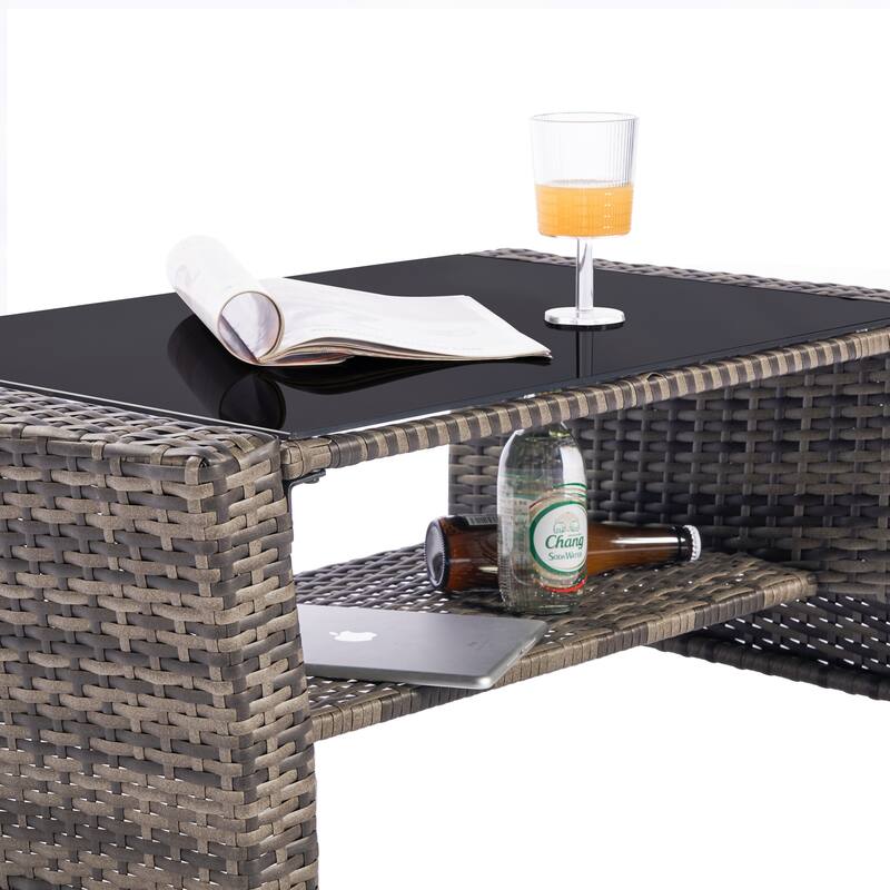 4-Piece Outdoor Patio Rattan Conversation Sofa Set with Tempered Glass Coffee Table