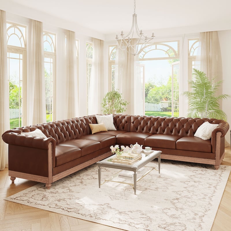 L-Shaped Sectional Sofa with Nailhead Trim & Wooden Legs, PU Leather Upholstered Sofa, Large Corner 6-Seater Sofa - Light Brown