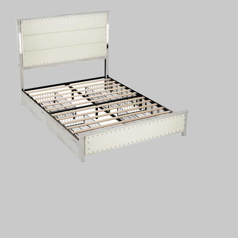 King/Queen Bed with Faux Leather Headboard, 4 Storage Drawers, LED Lights & Charging Station, Wood Slats, No Box Spring - White - Queen