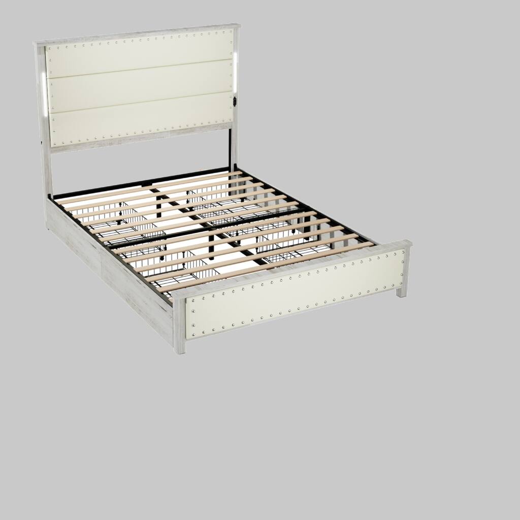 King/Queen Bed with Faux Leather Headboard, 4 Storage Drawers, LED Lights & Charging Station, Wood Slats, No Box Spring