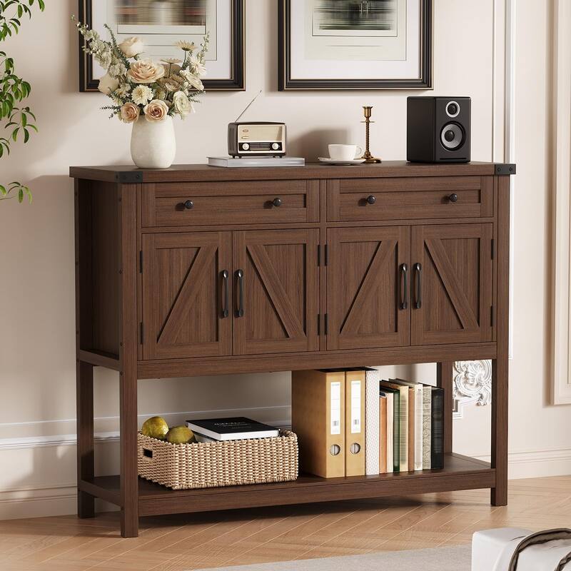 47.2" Buffet Sideboard Cabinet - Modern Farmhouse Storage Console Table with 2 Drawers & 4 Barn Doors, Coffee Bar - brown
