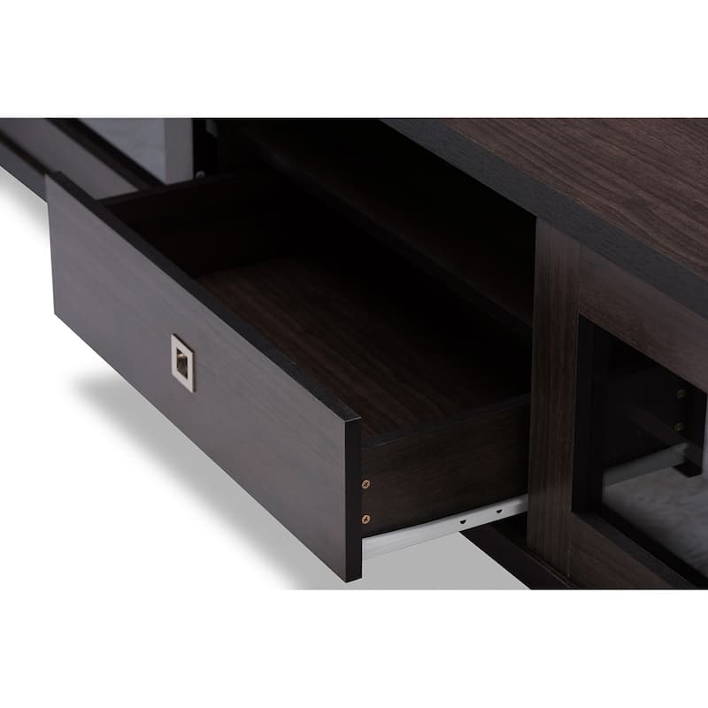 Beasley 70-Inch Dark Brown TV Cabinet with 2 Sliding Doors and Drawer - 15.6"H x 70.2"W x 15.6"D