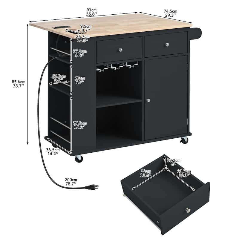 Rubber Wood Kitchen Storage Island on 5 Wheels with Drop Leaf and Power Outlet