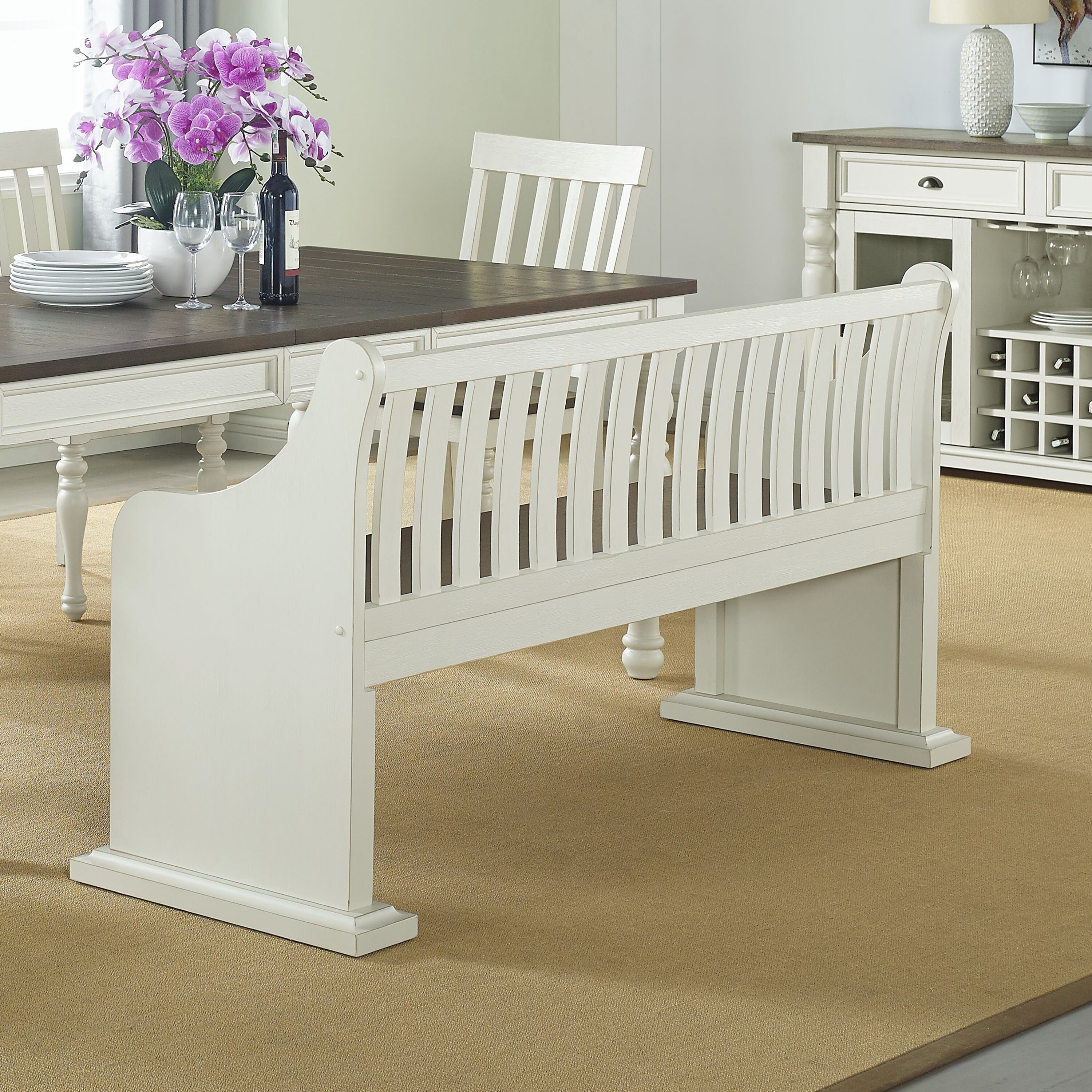 Farmhouse Pew Style Dining Bench Ivory Mission Craftsman Traditional Wood Antique