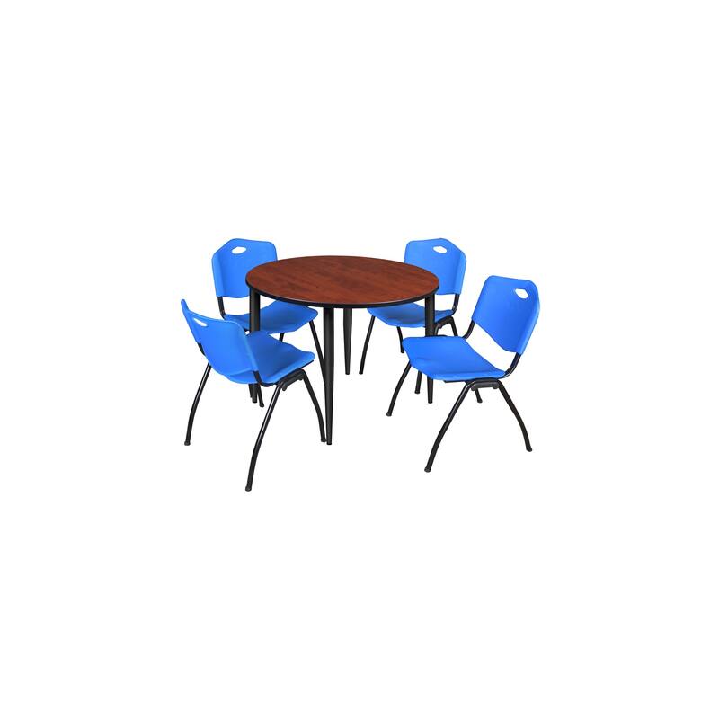 48 in. Round Breakroom Table- Cherry Top, Black Base & 4 M Stack Chairs- Blue