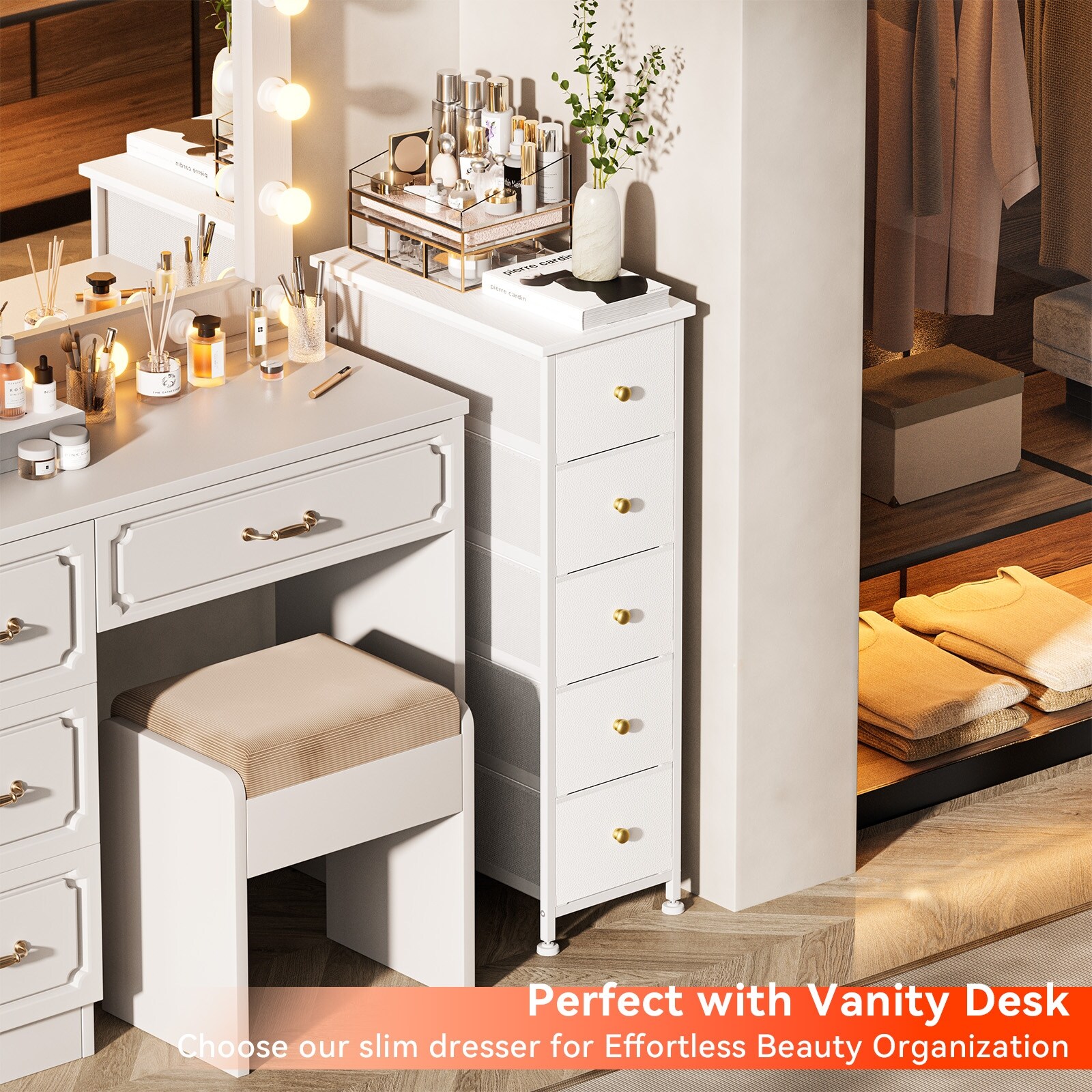Narrow Dresser Storage Tower with 5 Drawers Wood Top Golden Knobs White On Sale Bed Bath Beyond 39897900