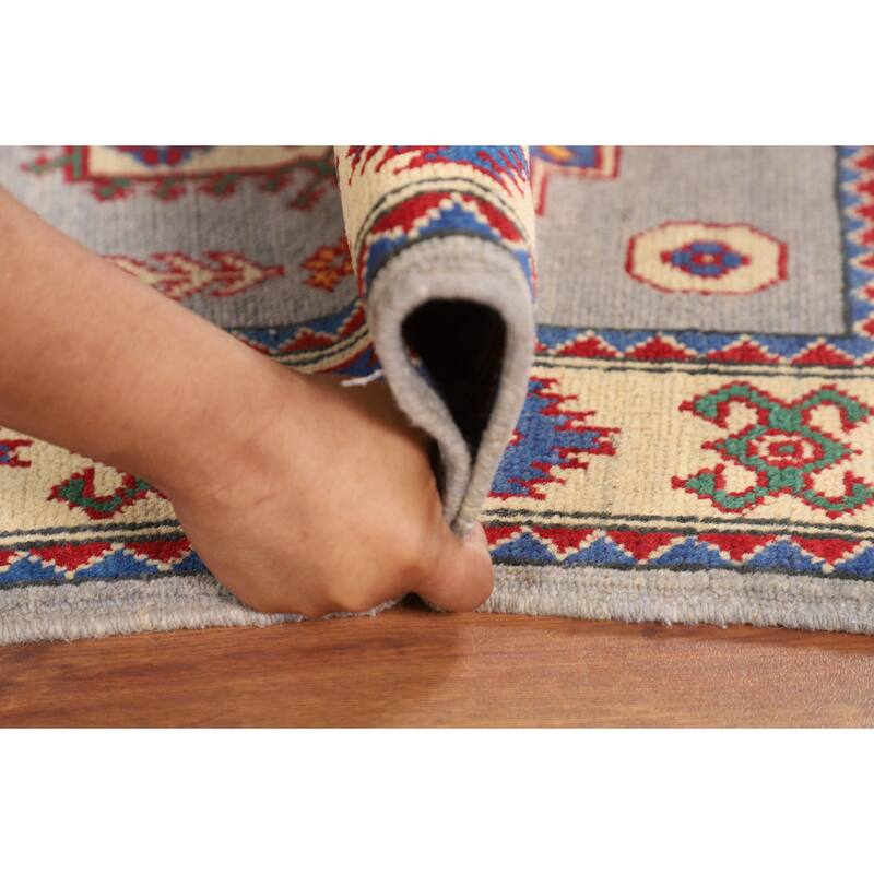 Gray Geometric Kazak Rug Handmade Foyer Wool Carpet - 2'9" x 4'1"