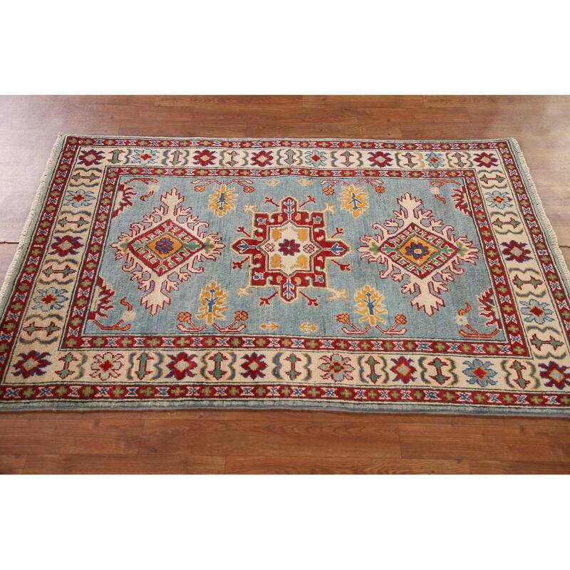 Light Blue Geometric Kazak Oriental Accent Rug Handmade Wool Carpet - 3'3"x 5'1"