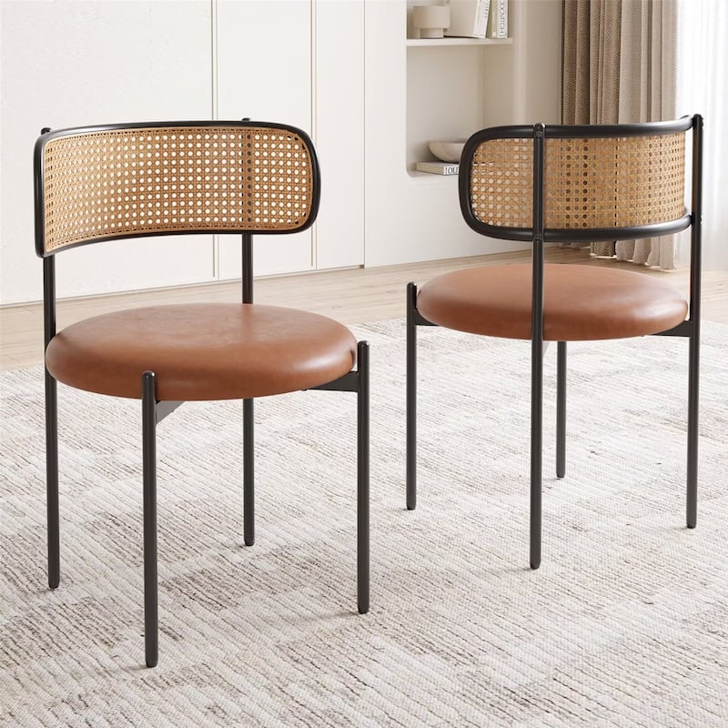 PU Leather Upholstered Seat Dining Chairs with Woven Rattan Back (Set of 4)