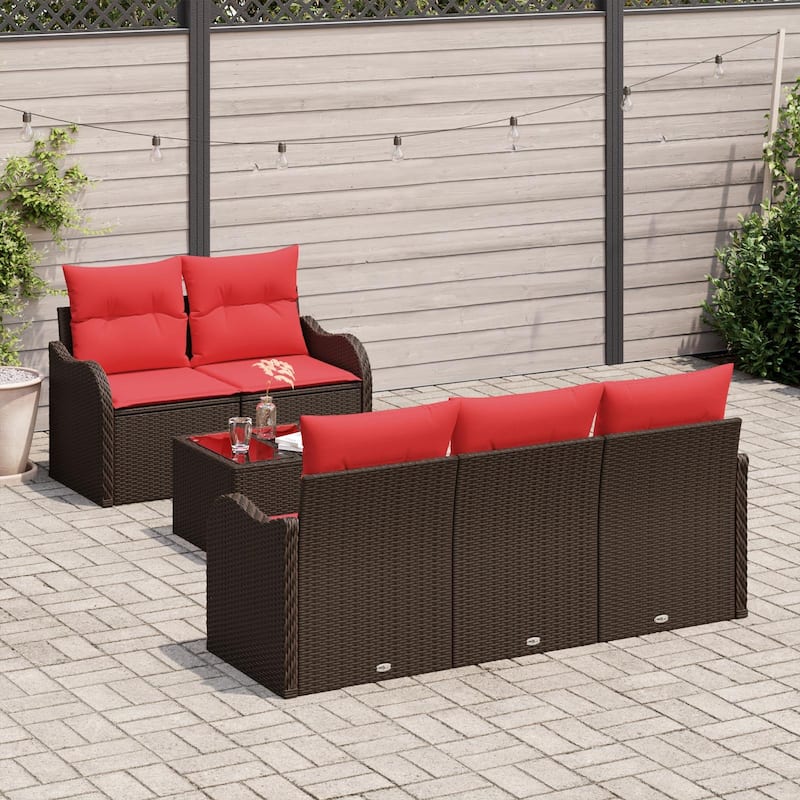 vidaXL 6 Garden Sofa Set with Cushions Black/Brown/Grey Poly Rattan - 69.3 x 24.4 x 27.2