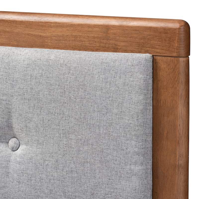 Mid-Century Modern Light Grey Fabric Upholstered Walnut Brown Wood Full Size Headboard with Sleek Profile