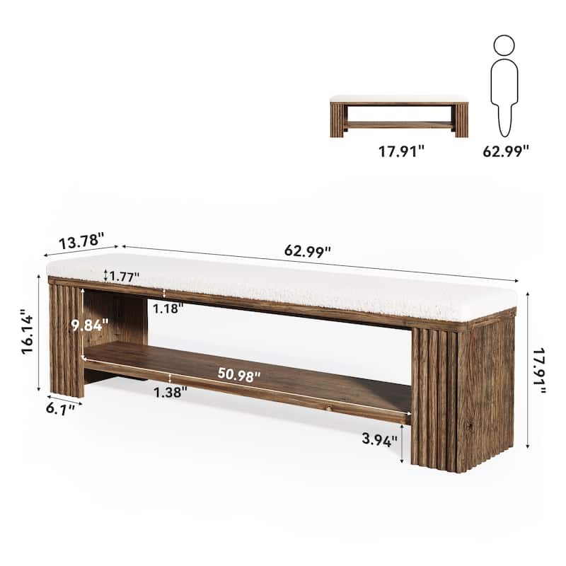 Solid Wood Entryway Bench, 63" Upholstered End of Bed Bench
