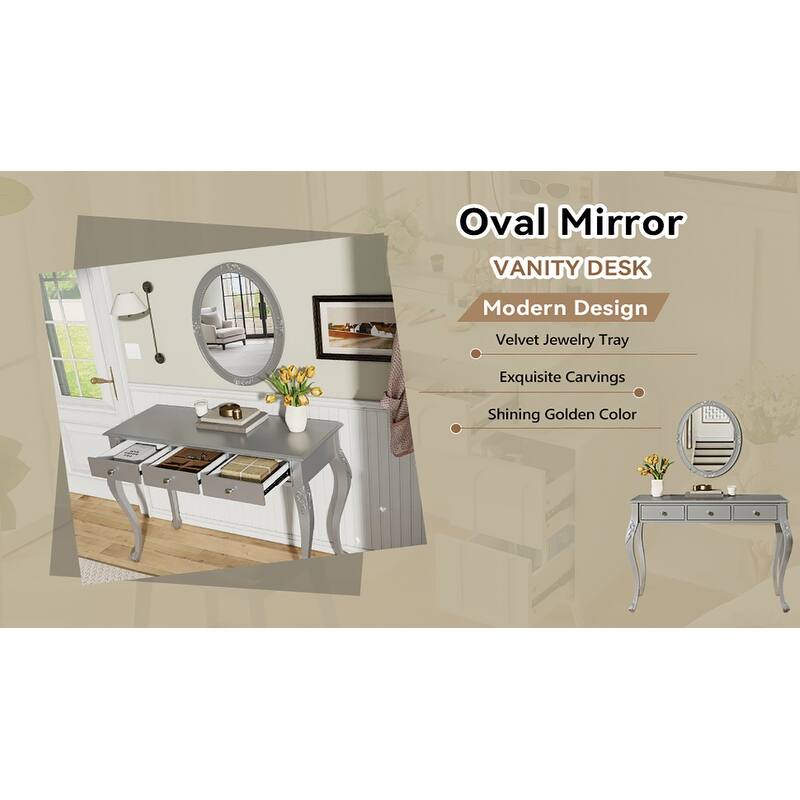 Luxury Makeup Vanity Desk with Oval Mirror, 3-Drawer Dressing Table