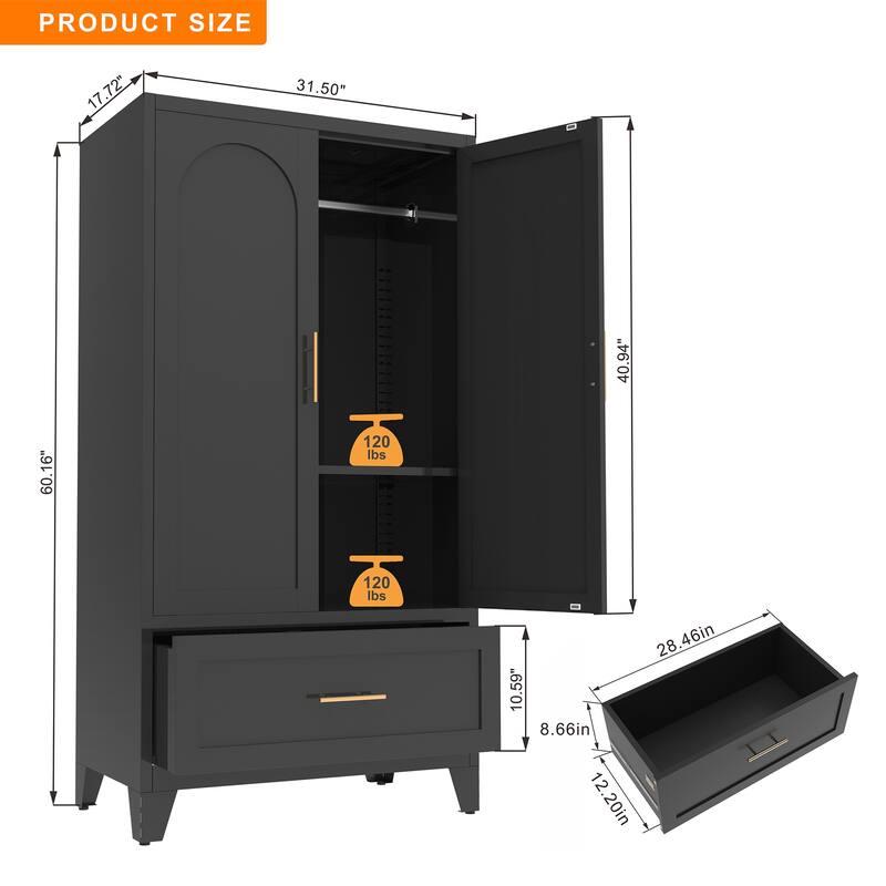60" Tall Metal Wardrobe Cabinet with Drawer, Hanging Rod & Shelf, 2-Door Closet
