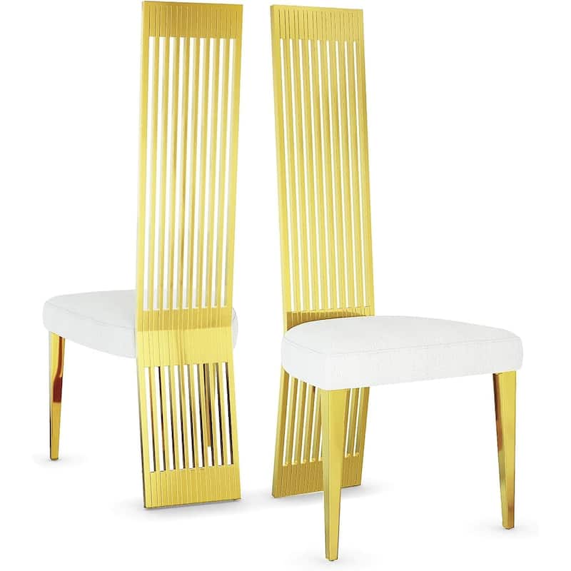 Polished Gold Dining Chairs with White Boucle Upholstery - Set of 2 - Polished Gold