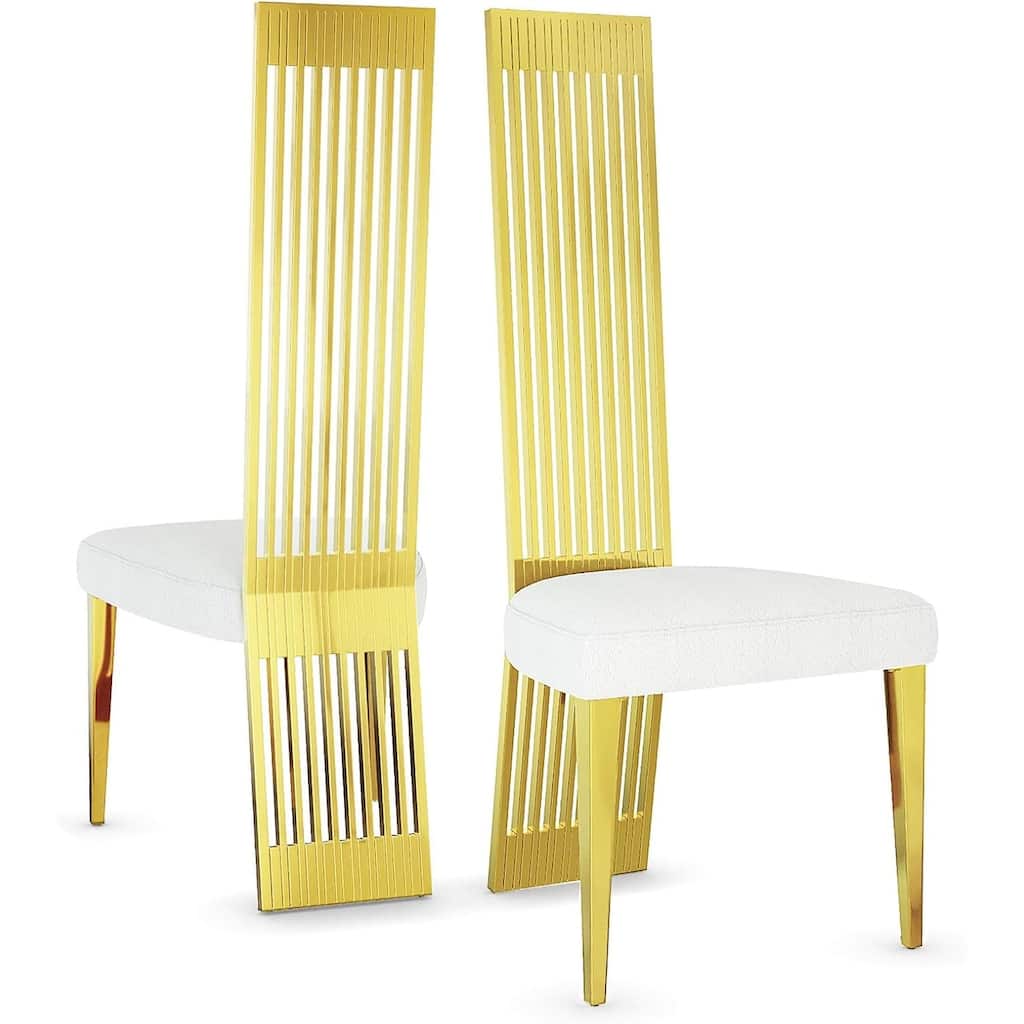 Polished Gold Dining Chairs with White Boucle Upholstery