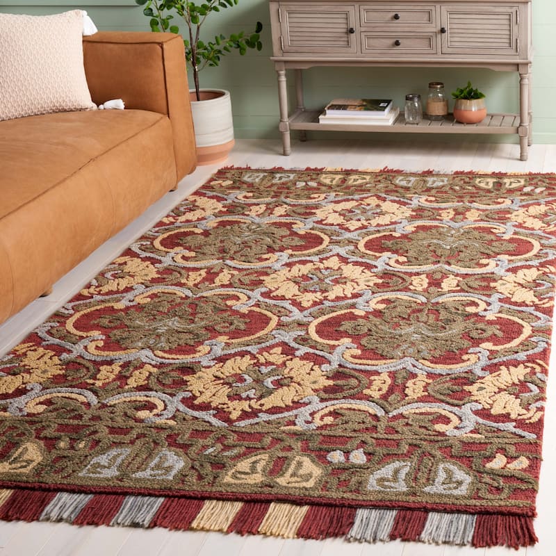 SAFAVIEH Handmade Blossom Parthenia Floral Wool Rug - 6' Square - Red/Gold - Square