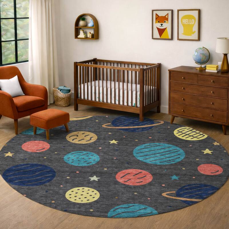 Machine Washable Indoor/ Outdoor Modern Planets Chantille Rug