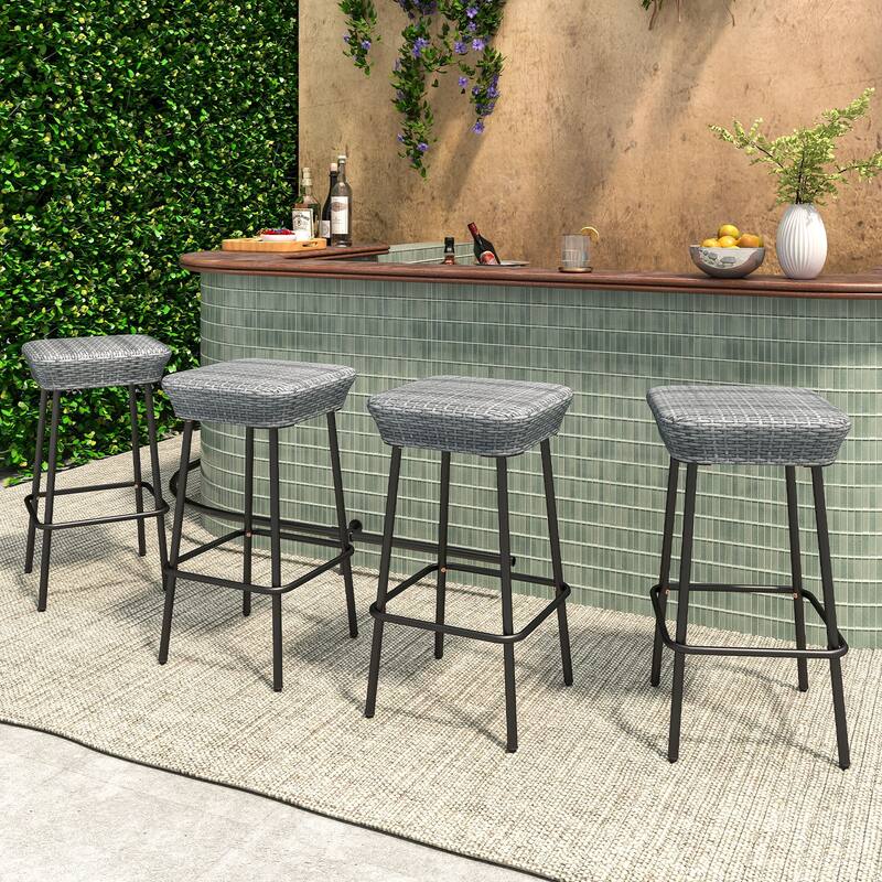 Mix Grey Rattan Metal Bar Stools Backless with Footrest Set of 2 - 16.5" L x 16.5" W x 29.5" H